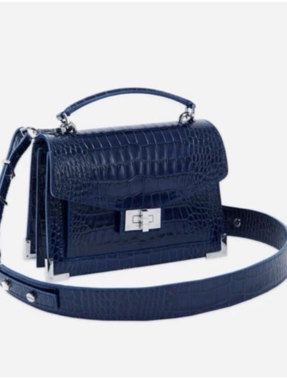 The Kooples Croc-Embossed Emily Bag in Navy Blue with Silver Hardware